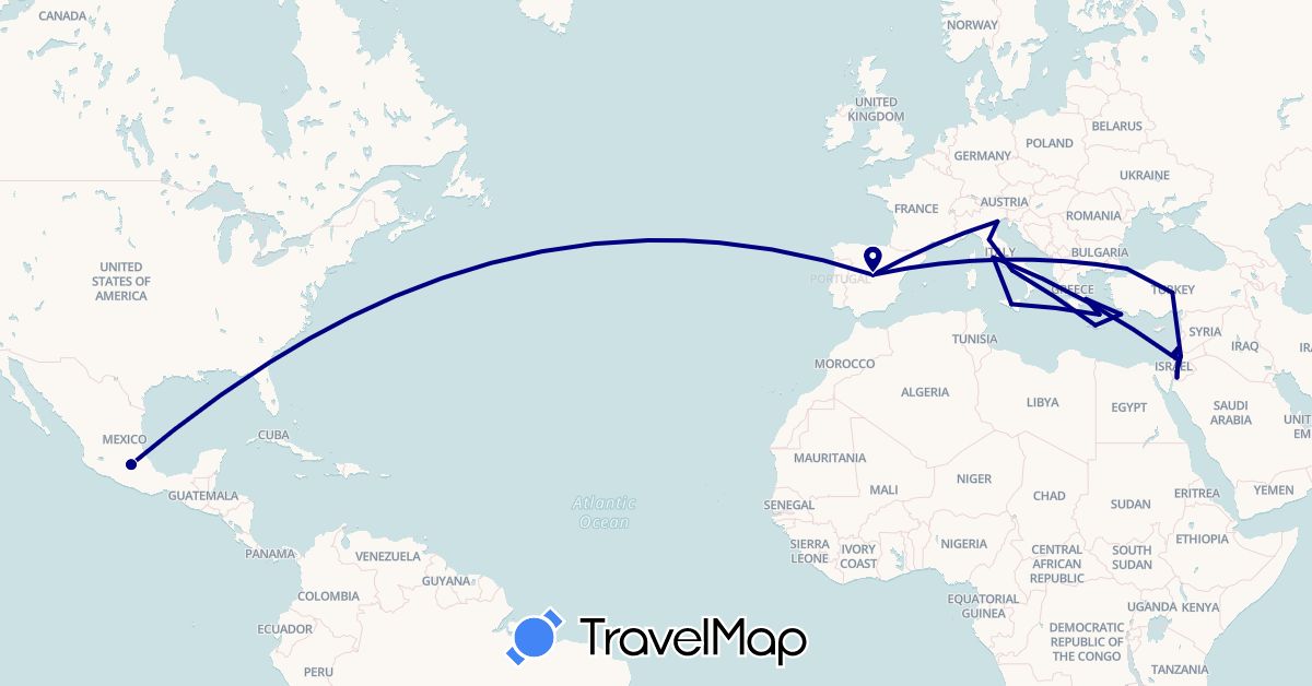 TravelMap itinerary: driving in Spain, Greece, Israel, Italy, Jordan, Mexico, Turkey (Asia, Europe, North America)